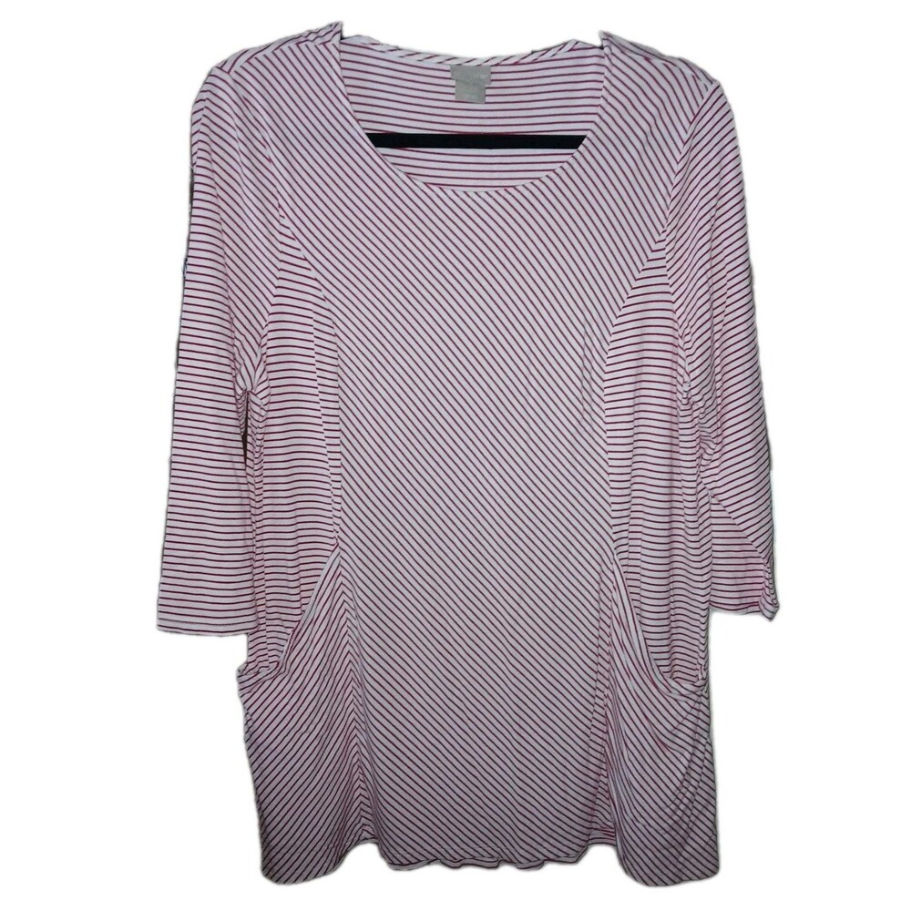 CHICOS Womens 2 L Candy Stripes Stretch Tunic 3/4 Sleeve Pockets Pink White Top